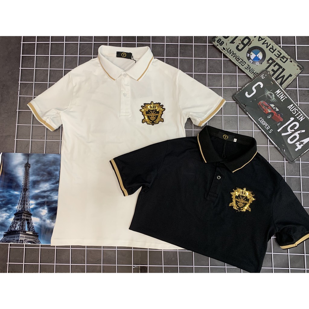 Áo thun nam đính đá thêu kim sa có cổ tay ngắn chất cotton co dãn 2 màu trăng đen cao cấp | BigBuy360 - bigbuy360.vn