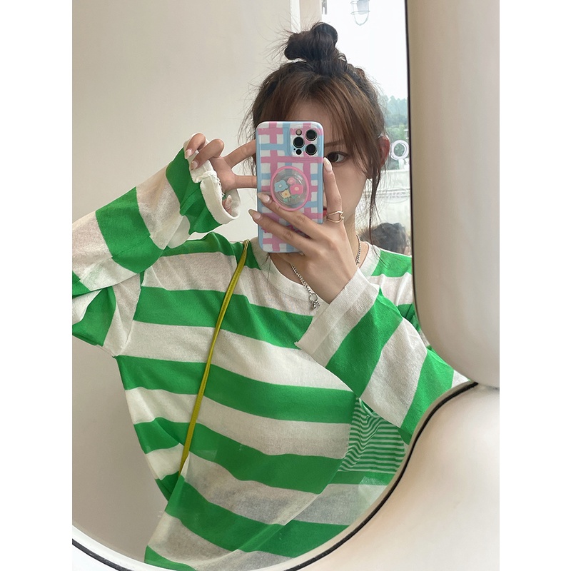 【ZHELIHANGFEI】Áo Thun Tay Dài Họa Tiết Sọc Thời Trang Sành Điệu Cho Nữ