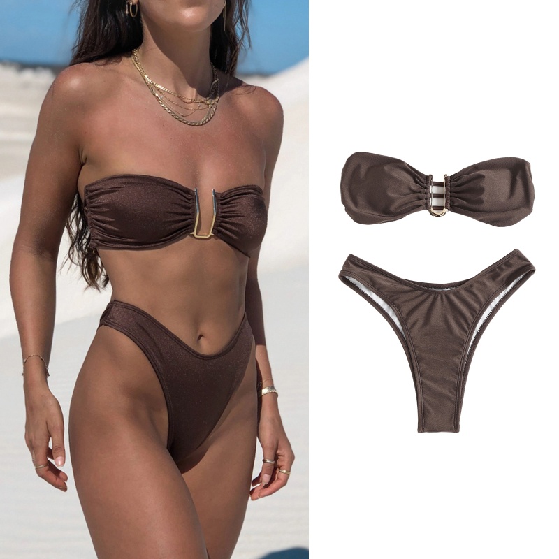 Brroa Bộ Đồ Bơi Bikini Màu Trơn Ôm Dáng Eo Cao Xẻ Tà Quyến Rũ