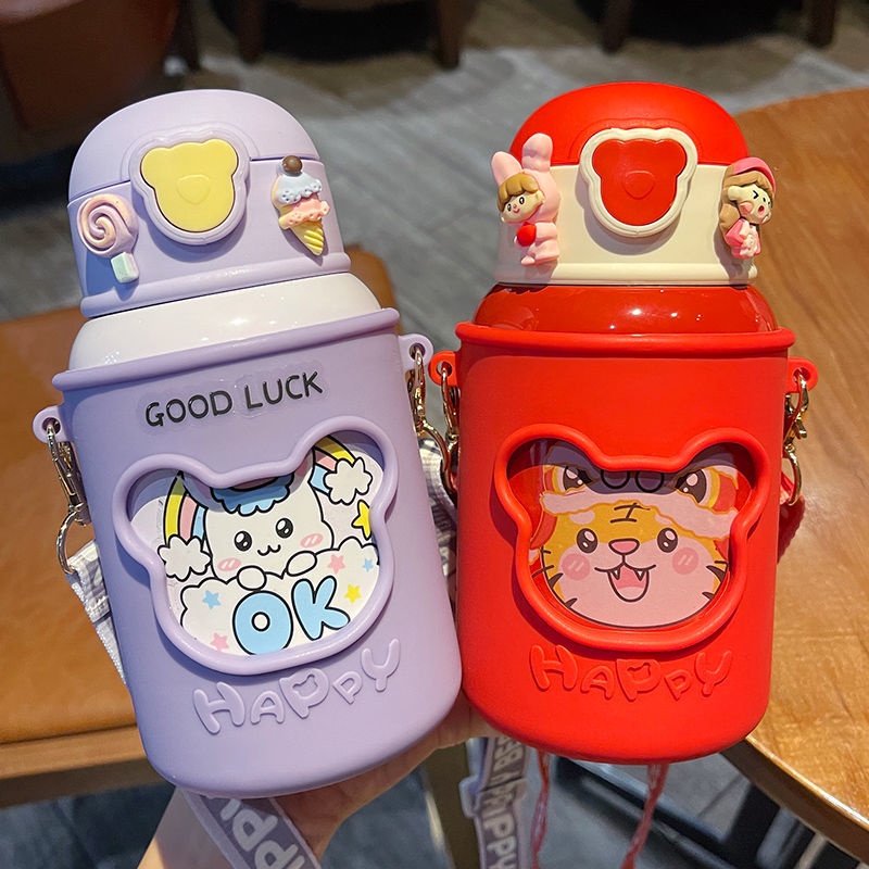 Bình Nước Bằng Thép Không Gỉ 316 Kèm Ống Hút Dễ Thương Tiện Dụng Cho Bé