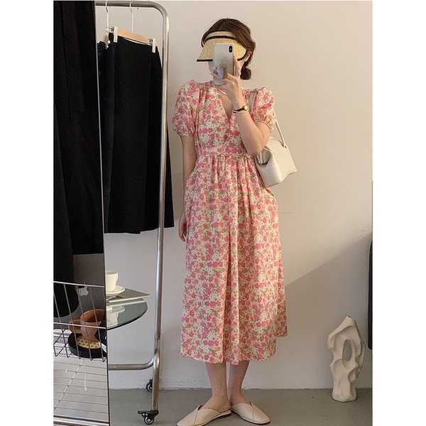 Váy hoa nhí cổ chéo rút eo dáng dài vintage Ulzzang style 🌸 Hàng Quảng Châu