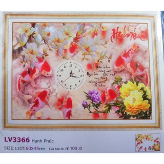 Tranh thêu chữ thập đồng hồ cá chép Hạnh phúc (chưa thêu) LV3366