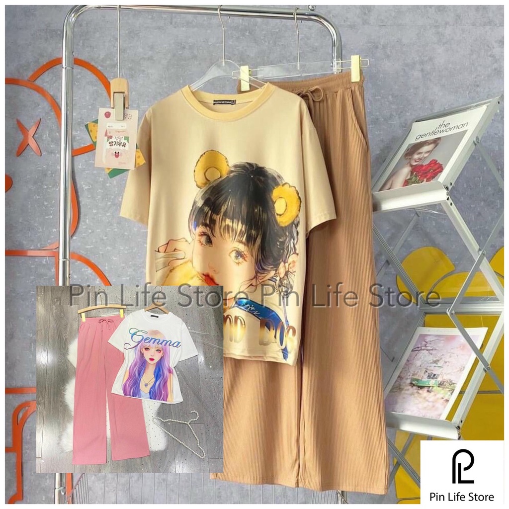 Set Bộ Áo Cotton Họa In 3D Quần Gân Tăm Cao Cấp Hách Dáng form Đứng Size 38-70kg