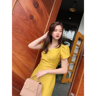 Váy đầm dự tiệc , đầm dáng A trên gối , chất  tafta xếp ly eo bên , váy tay bồng