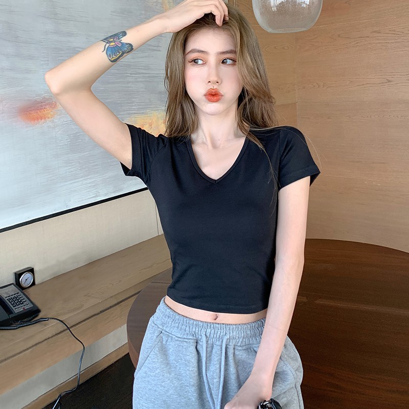 Áo croptop nữ ngắn tay ZOZORO ôm form cổ v chất vải đẹp thoáng mát