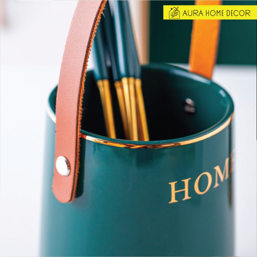 Hũ đựng đũa, thìa Home bằng sứ cao cấp có quai da tiện dụng 3 màu: Xanh cổ vịt/ Trắng/ Đen