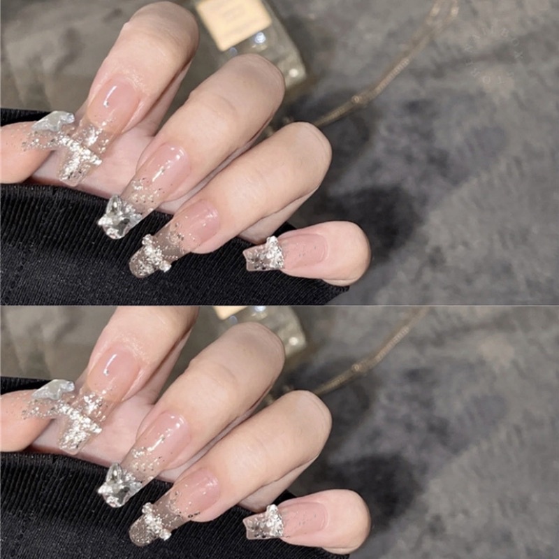 Set 24 móng giả D102 đính đá cao cấp, dáng móng dài dễ thương ( Tặng kèm keo và dũa )