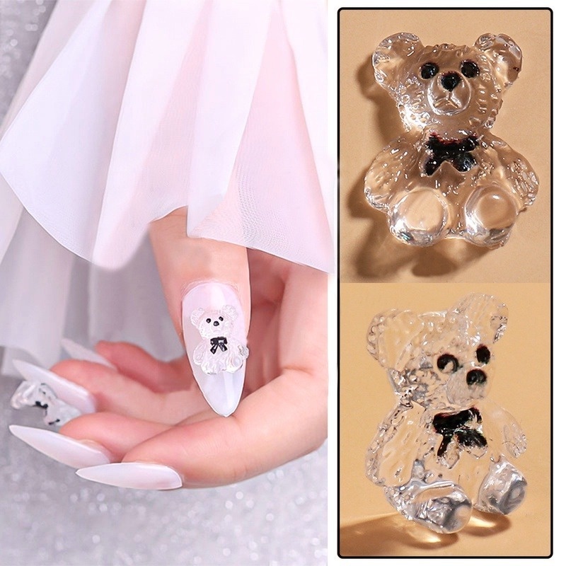 Bộ 5 Miếng Dán Móng Tay Thạch Trong Suốt Hình Gấu 3D Sáng Tạo Phong Cách Nhật Bản