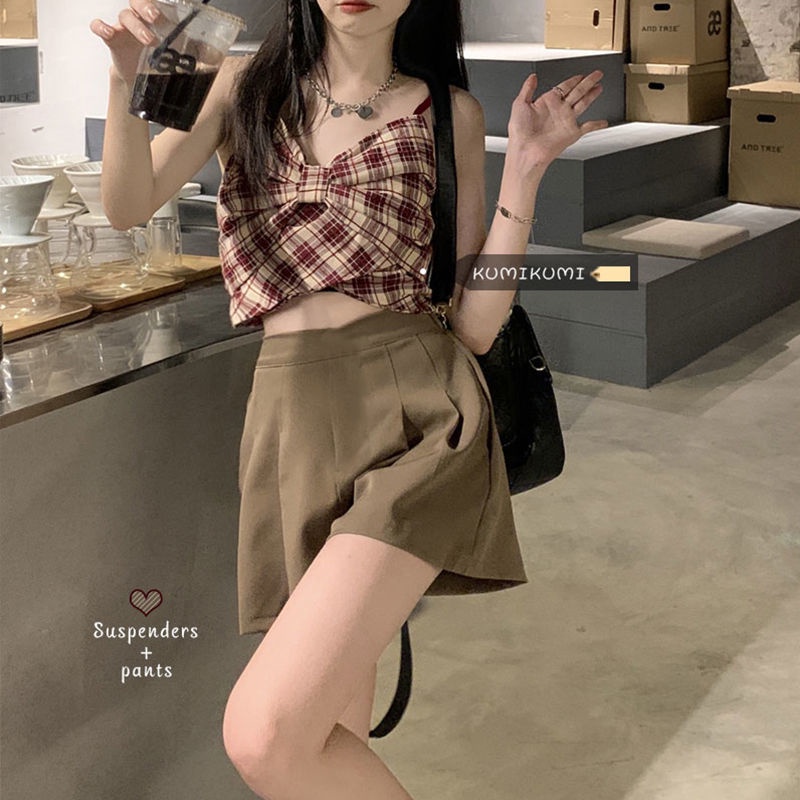 Jiashucheng Áo Croptop Hai Dây Xếp Ly Lưng Cao Thắt Nơ Họa Tiết Sọc Caro Thời Trang Mùa Hè