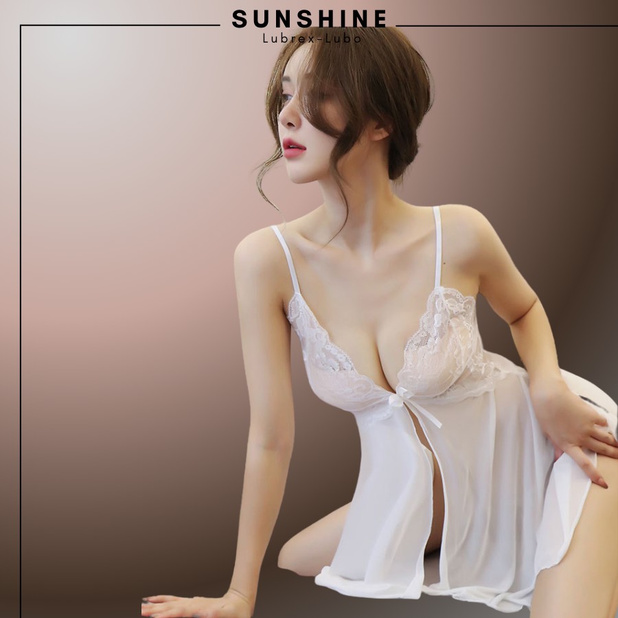 Váy ngủ sexy gợi cảm 2 dây xuyên thấu màu TRẮNG SUNSHINE LUBREX-LUBO hở trước SX1120