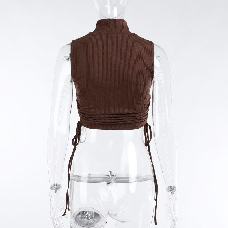 DUNEA COD Women's New Solid Color Round Neck Drawstring Short Vest