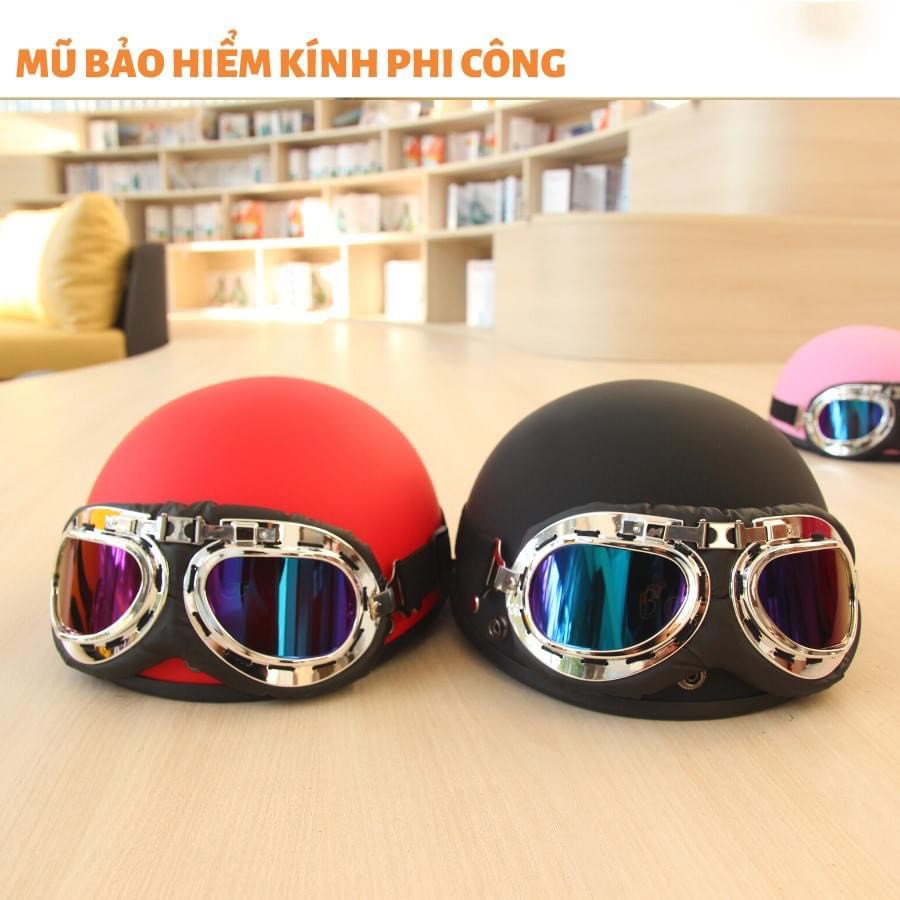 Mũ bảo hiểm nữa đầu 1/2 nhiều màu trơn kèm kính phi công,kính uv,nón 1/2 đầu khóa đỏ cao cấp