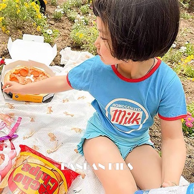 Bộ Đồ Bơi Hai Mảnh Áo Thun Cổ Tròn Tay Ngắn In Chữ + Quần Short Viền Ren Dễ Thương Phong Cách Hàn Quốc Cho Bé Gái