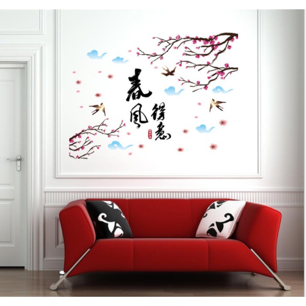 Decal trang trí tường Cây hoa anh đào và chữ
