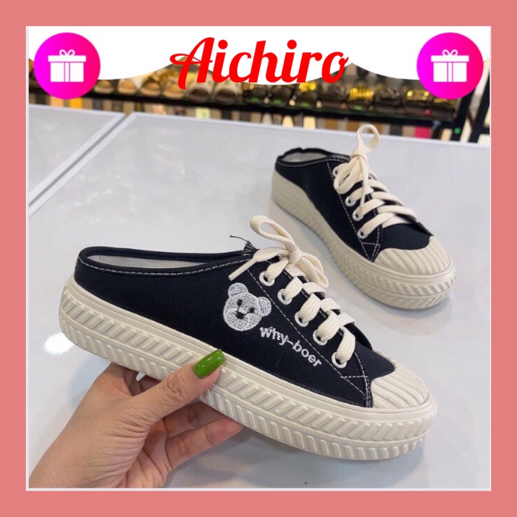 Giày Sục Nữ Ulzang Đế Độn Vải Trơn Kiểu Dáng Đơn Giản Cực Xinh-Sục thể thao hình gấu dễ thương