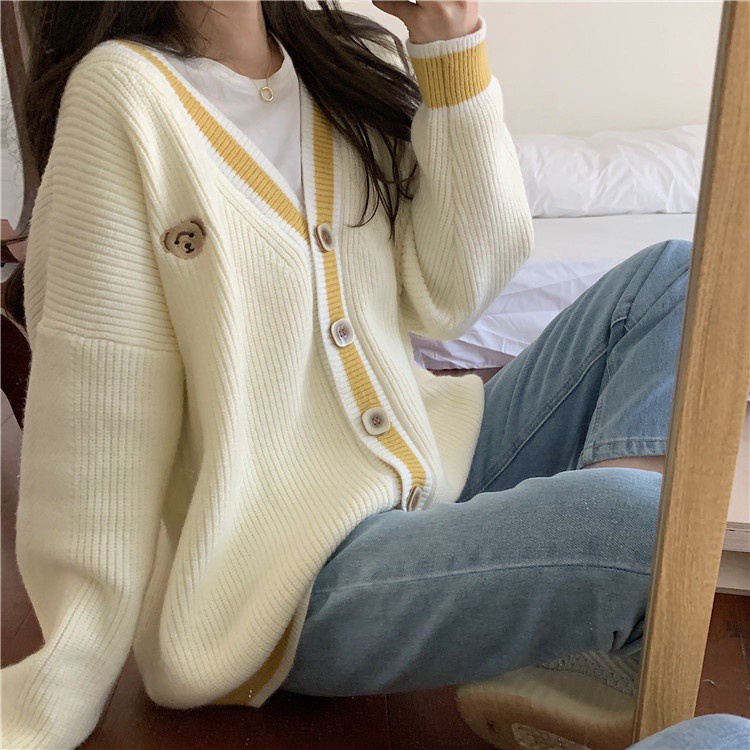 Áo khoác cardigan cổ chữ V dài tay dáng rộng phong cách Hàn Quốc retro