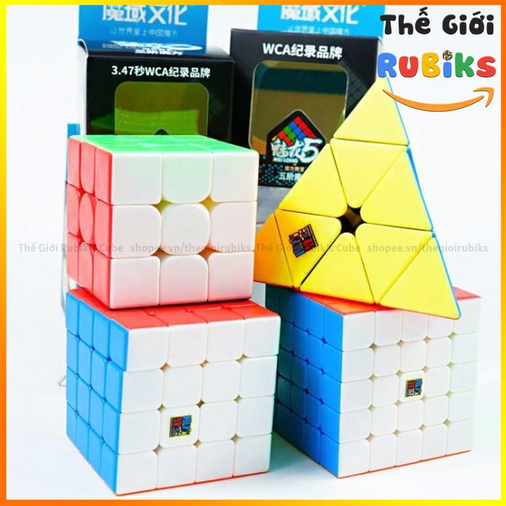 Combo 4 Rubik 3x3 4x4 5x5 Tam Giác Moyu Meilong Cao Cấp Nhựa Màu Không Dán Giấy