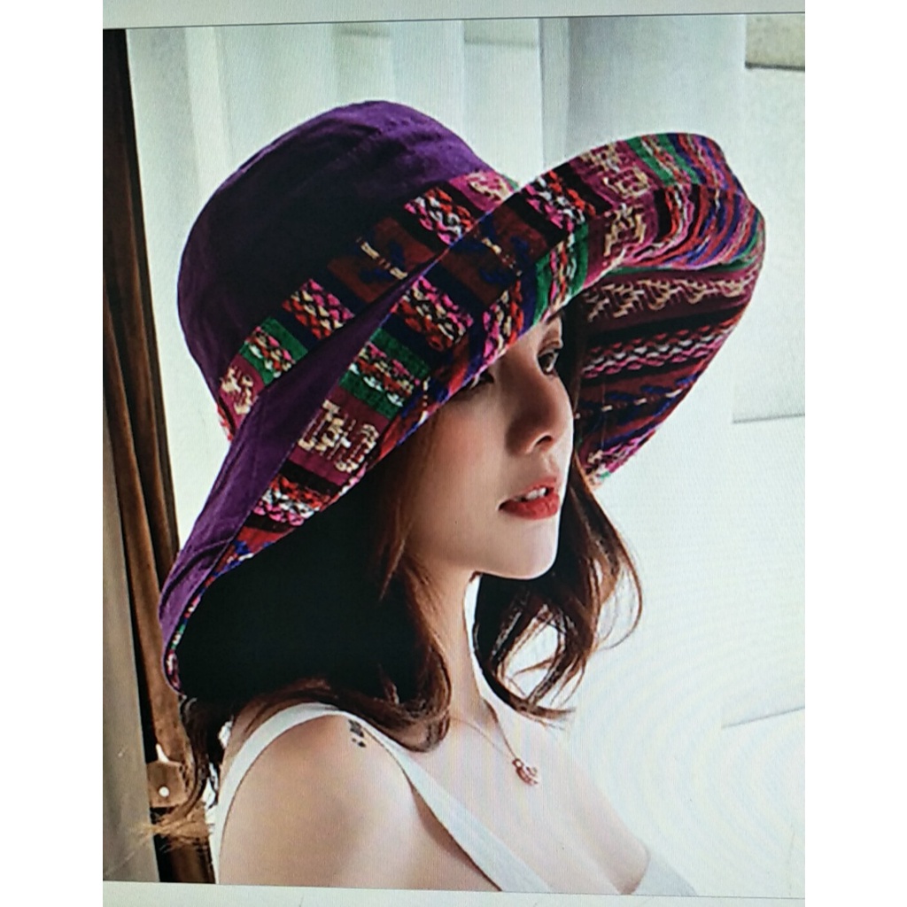 NÓN MŨ VẢI VÀNH RỘNG 2 MẶT CÓ HOA VĂN THỔ CẨM