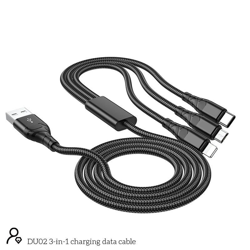 Dây cáp sạc đa năng 3in1 Hoco DU02 bọc dù chống gãy gập, hỗ trợ truyền dữ liệu, sạc nhanh 3A Micro TypeC Light