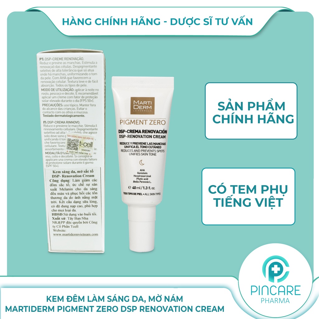 Kem dưỡng da ban đêm MartiDerm PigMent Zero DSP Renovation Cream 40ml làm sáng da, mờ thâm - Hàng chính hãng - Pincare