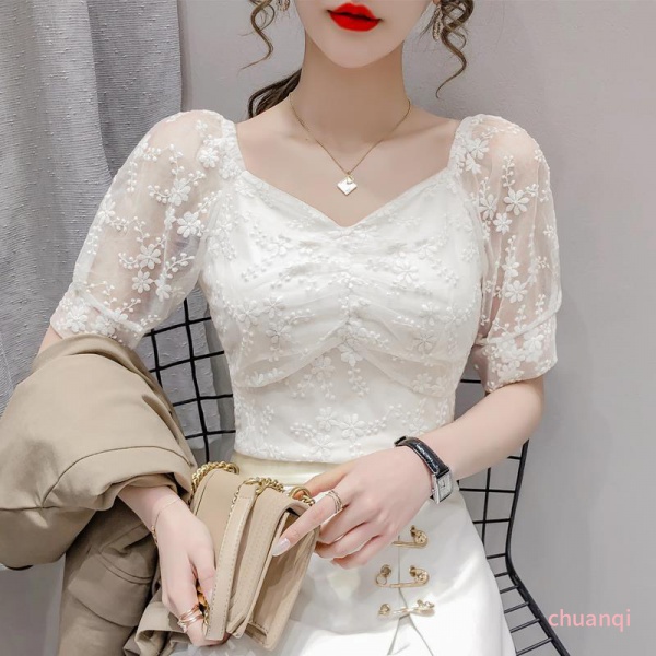Áo ren thêu voan dáng ôm tay phồng thời trang mùa hè cho nữ