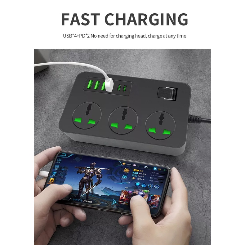 Ổ Cắm Điện Thông Minh Chống Giật , Ổ Điện Đa Năng 3 Cổng Cắm 265V 4 Cổng USB 2 Cổng PD , Dây dài 2m