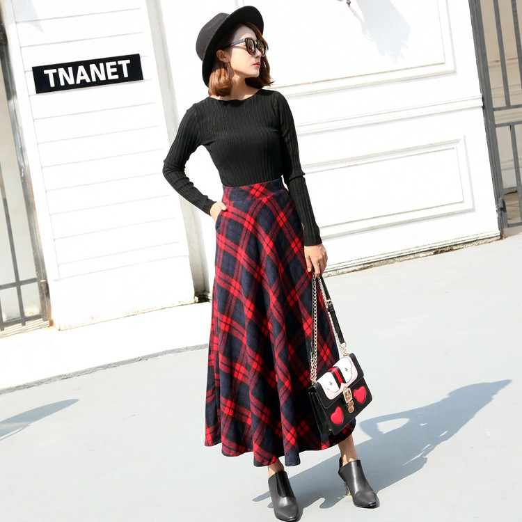 New autumn and winter plaid skirt women's A-line skirt long tweed dress swing skirt