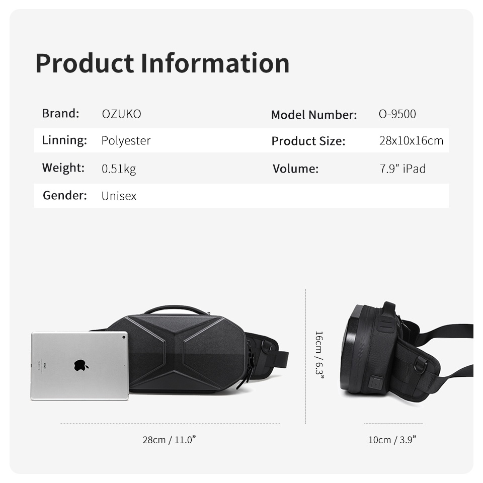 Túi bao tử OZUKO vỏ cứng chống thấm nước có cổng sạc USB dành cho nam | BigBuy360 - bigbuy360.vn