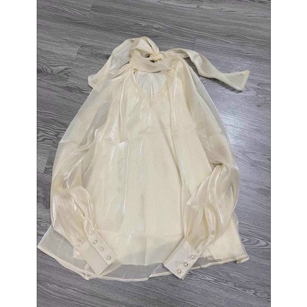 Áo tơ cột nơ viền ngọc dài tay phồng màu nude V241 form chuẩn AĐ BOUTIQUE
