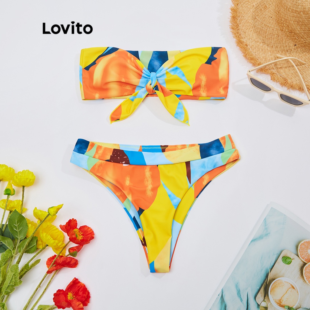 Bộ bikini Lovito phối nơ phía trước hở lưng buộc dây L18X374 (Màu vàng)