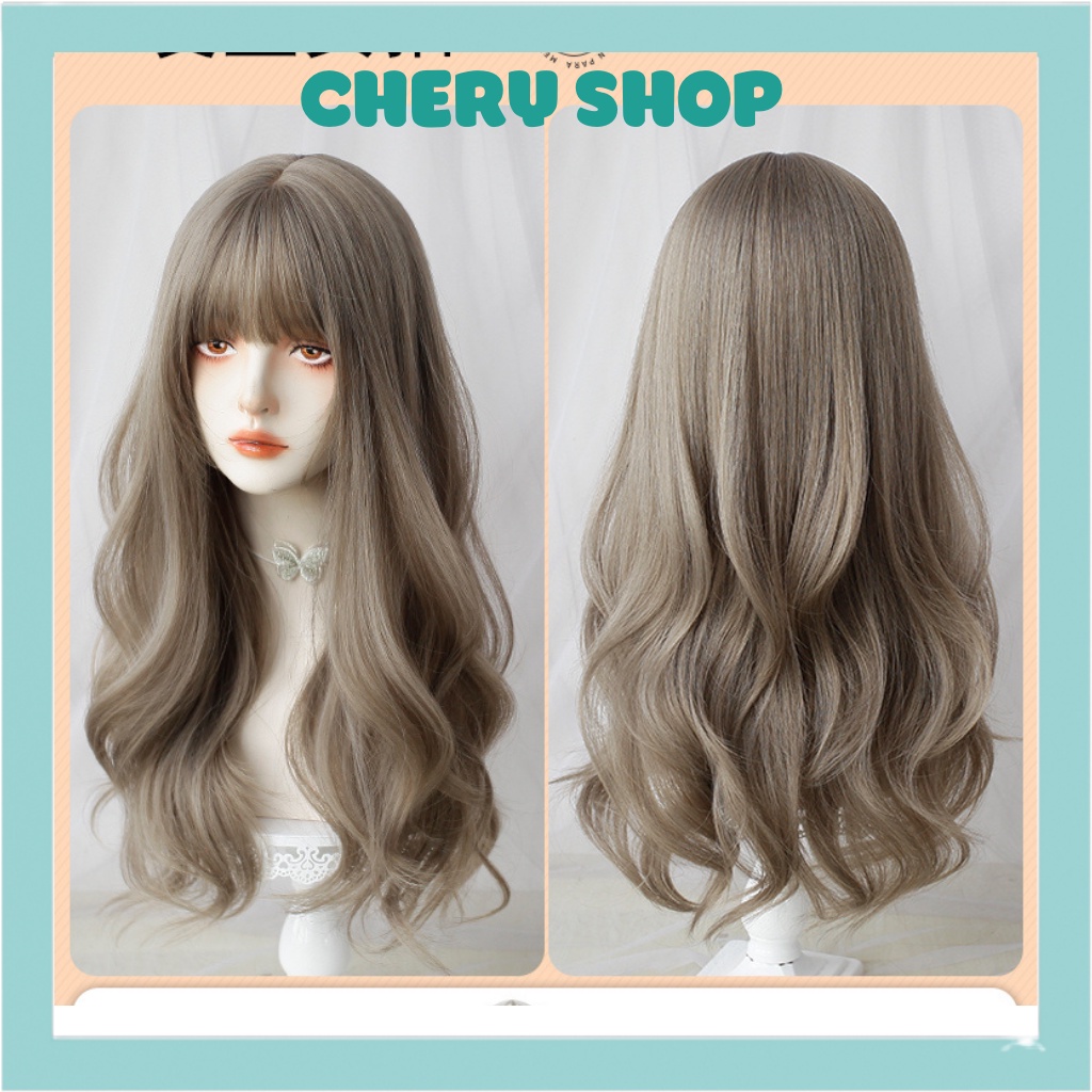 Tóc giả nữ đẹp nguyên đầu xoăn dợn xám nâu 8263 tặng kèm lưới trùm cao cấp