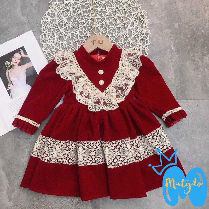 Váy đầm nhung đỏ xòe phối ren cho bé gái diện Noel và Tết váy tiểu thư cao cấp cho trẻ từ 10-18kg