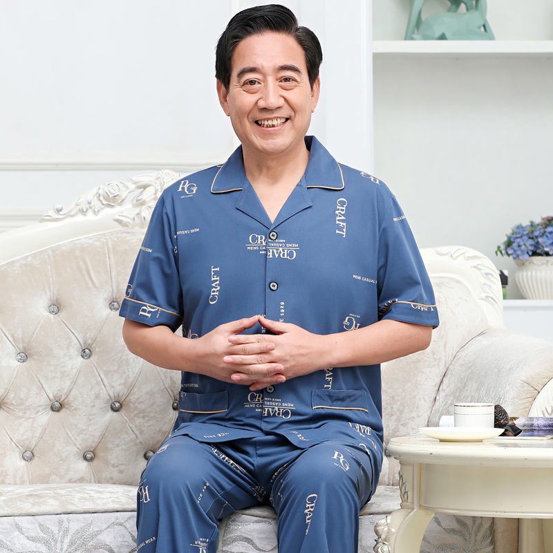 Bộ đồ ngủ nam ngắn tay cotton mỏng mùa hè, bộ đồ mặc nhà rộng rãi cộng với kích cỡ trung niên và người lớn tuổi