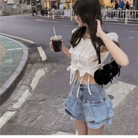 Jiashucheng Hàng Có Sẵn Chân Váy Denim Lưng Cao Xếp Tầng Phong Cách Retro Pháp Mùa Hè Mới Cho Nữ