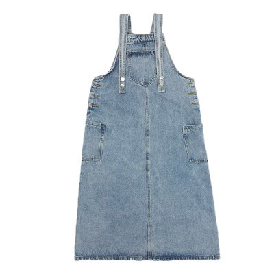 Mùa thu và mùa đông ins VINTAGE DENIM yếm váy nữ hoang dã sinh viên lỏng lẻo qua đầu gối Dài váy liền Mẫu Mới Xuân Thu