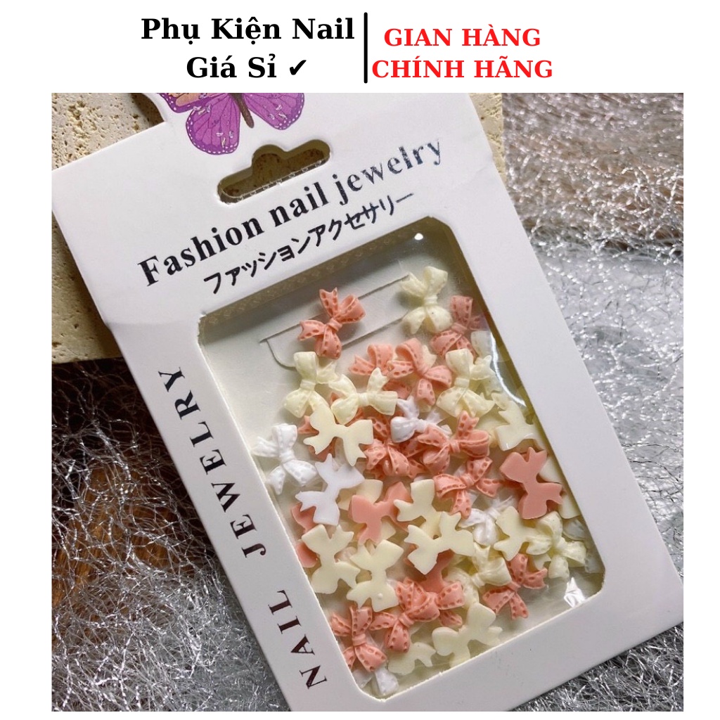 Sét charm nơ mix 3 màu dài, charm nail gắn móng trang trí móng