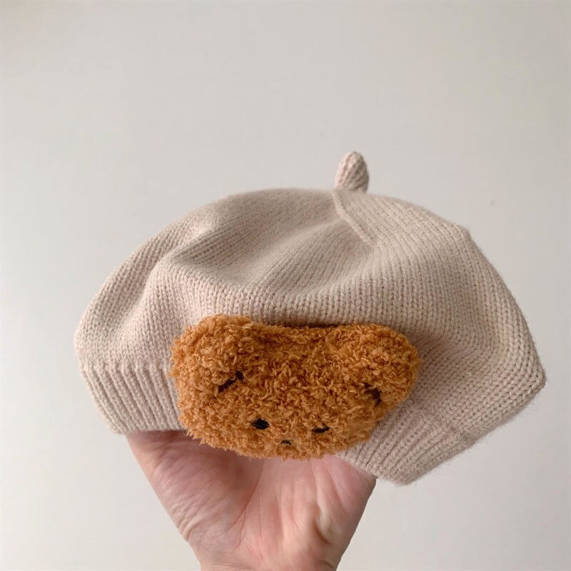 Mũ Beret Dệt Kim Mềm Mại Co Giãn Giữ Ấm Màu Kẹo Ngọt In Hình Gấu Hoạt Hình Dễ Thương Cho Trẻ Em