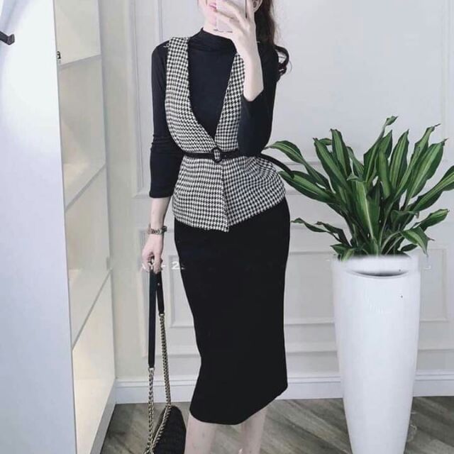 Váy len tăm body dài +gile dạ kèm đai