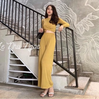 Set len Áo xoắn eo Quần suông (4 màu)