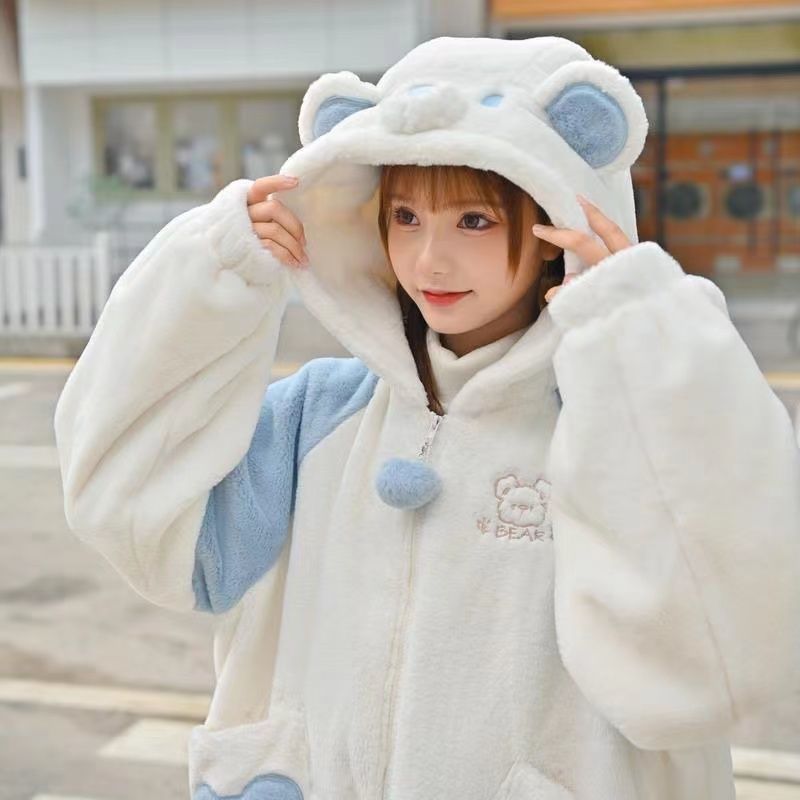 Áo khoác lông cừu có mũ dáng rộng thêu hình gấu dễ thương thời trang thu đông cho nữ