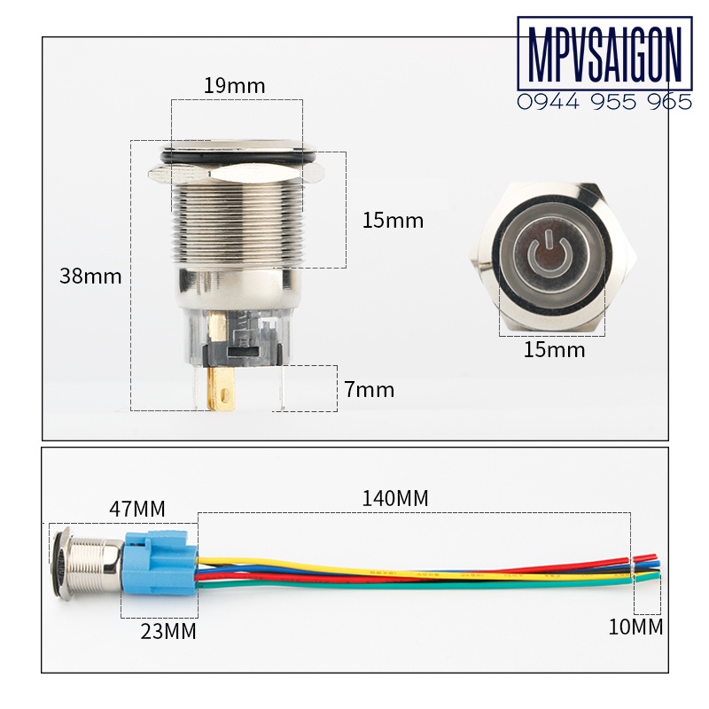 Công tắc nút nhấn kim loại LED 16mm hình nguồn NHẤN NHẢ chống nước chống gỉ sét ô tô xe máy tàu thuyền– 1