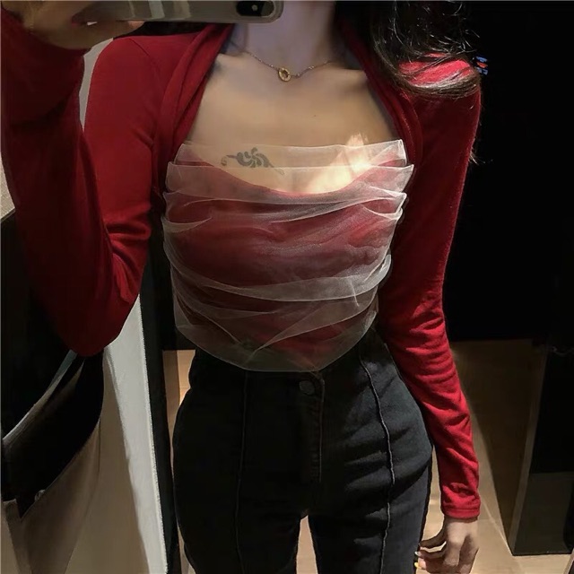 ÁO CROPTOP TAY DÀI PHỐI LƯỚI TÔN DÁNG