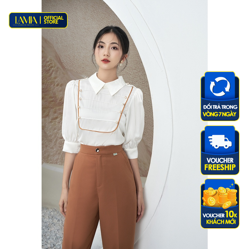 Áo sơ mi nữ thiết kế Lamia Design LA303 màu trắng phối viền nâu điệu đà