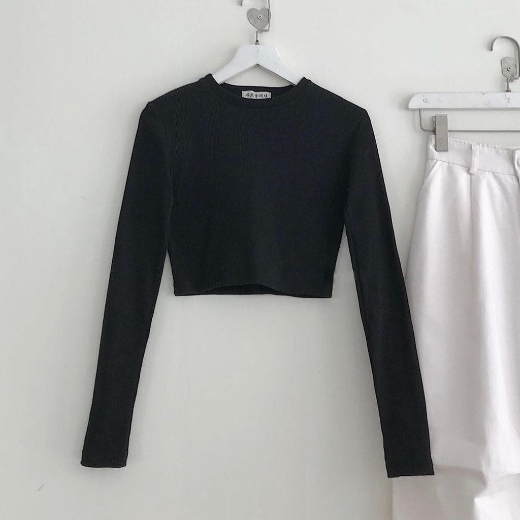 AB HOUSE - Áo croptop nữ trơn tay dài SLIPPER gân tăm dáng ôm