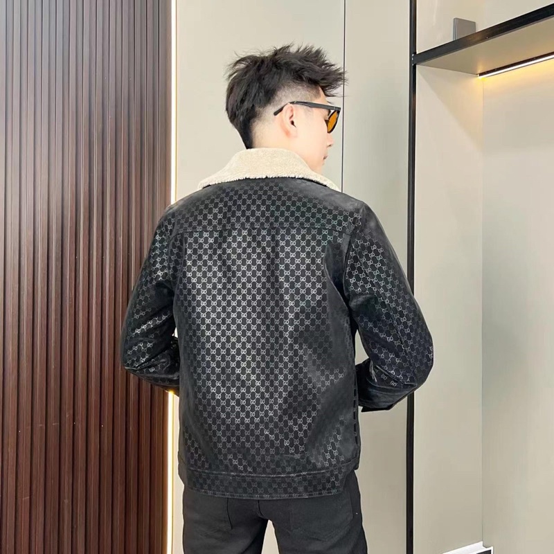 Áo khoác da nam gucciii cổ lông mẫu mới 2023