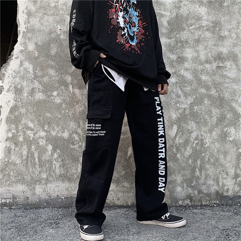 Quần denim ống suông rộng in họa tiết chữ phong cách retro cá tính | BigBuy360 - bigbuy360.vn