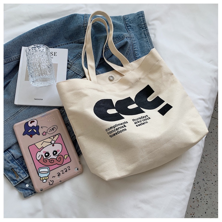 Túi Tote Vải Canvas CCC Nữ phong cách Ulzzang Có Khóa Kéo chất liệu dày dặn
