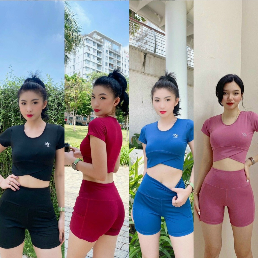 Bộ tập gym nữ, đồ tập yoga erobic nữ áo croptop có mút quần đùi có túi chất liệu co giãn thấm hút tốt-(Ng01/Ng02))
