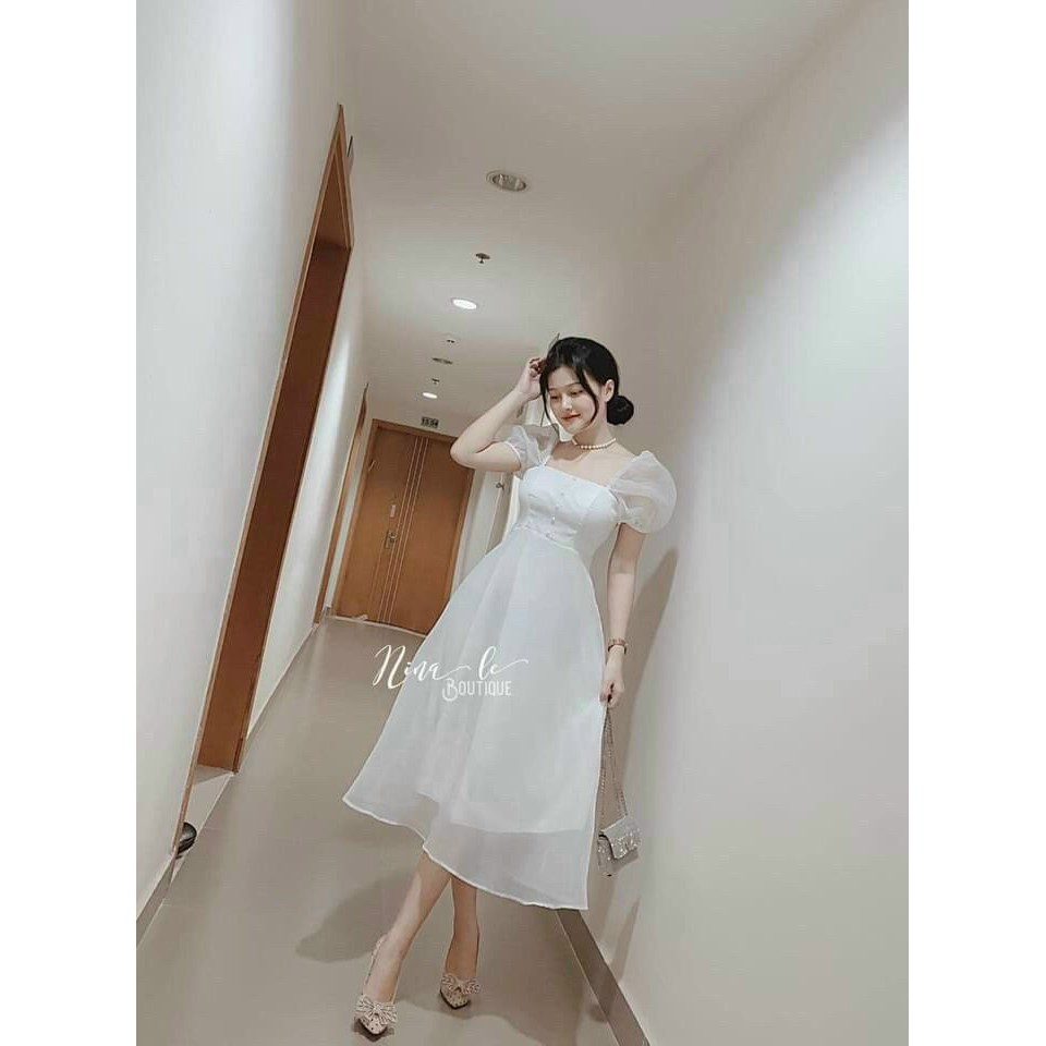 Đầm xòe tiểu thư tay bồng cổ vuông thanh lịch trẻ trung