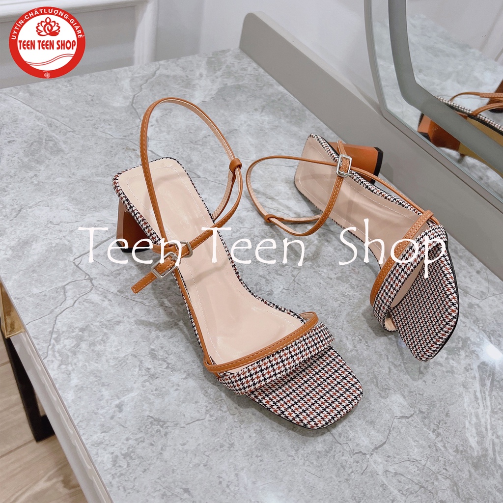 Giày sandal nữ quai chéo đế trụ 5 phân, Guốc phối kẻ caro, Teen Teen Shop mã SandalLV